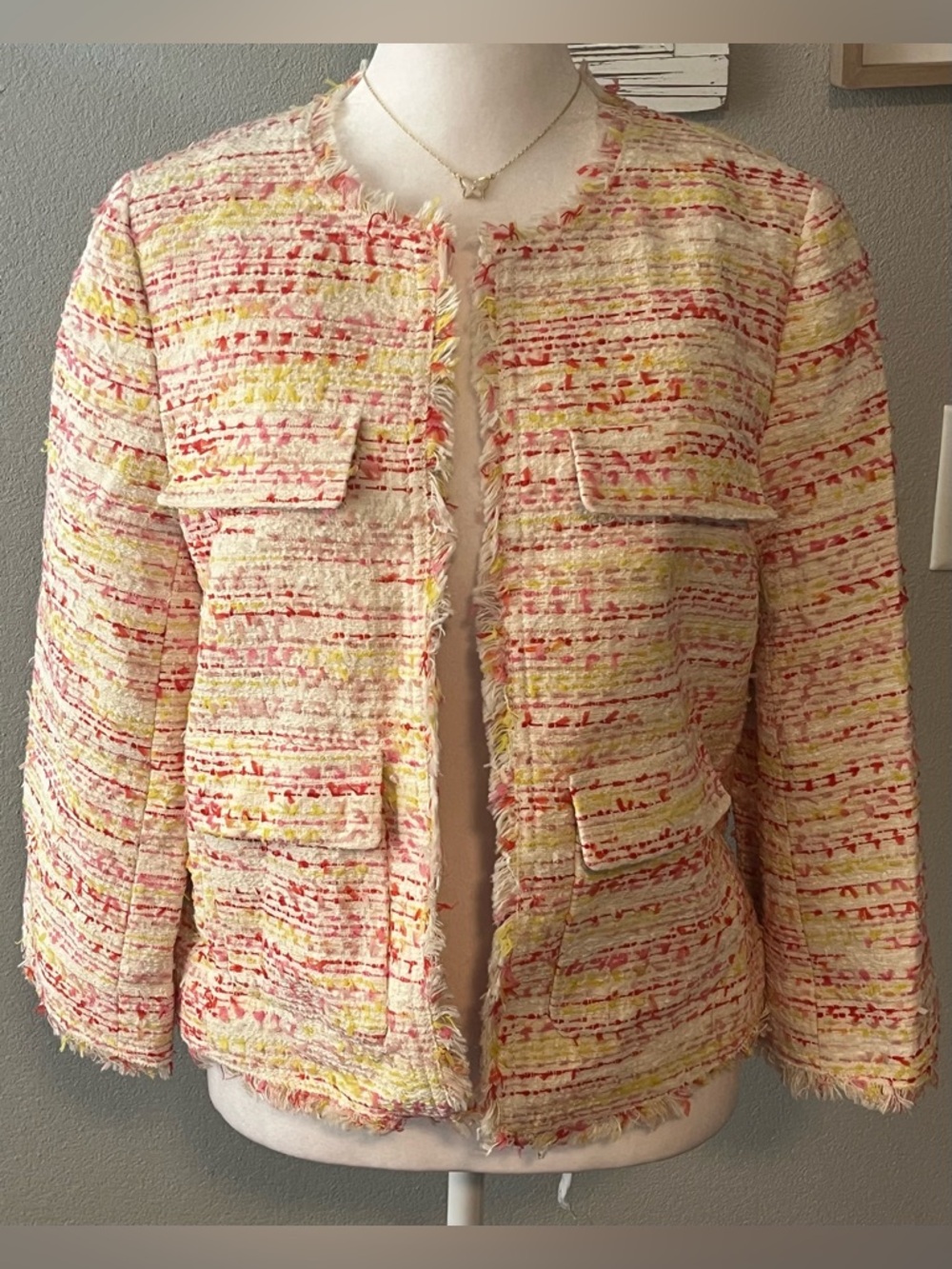 kate spade Pink orange yellow Tweed Fringe Jacket pockets new size 2